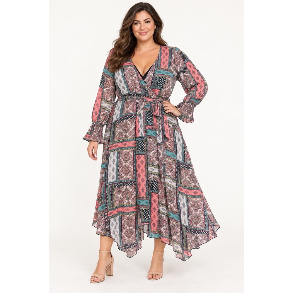 Stella & Julie Dress Women's 16W Paisley Patchwork Faux Wrap Handkerchief Hem